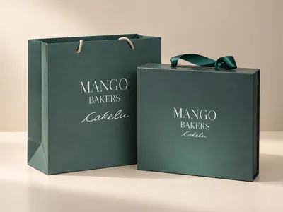 Cakelu teal gift bag and ribbon-handled gift box for corporate gifting