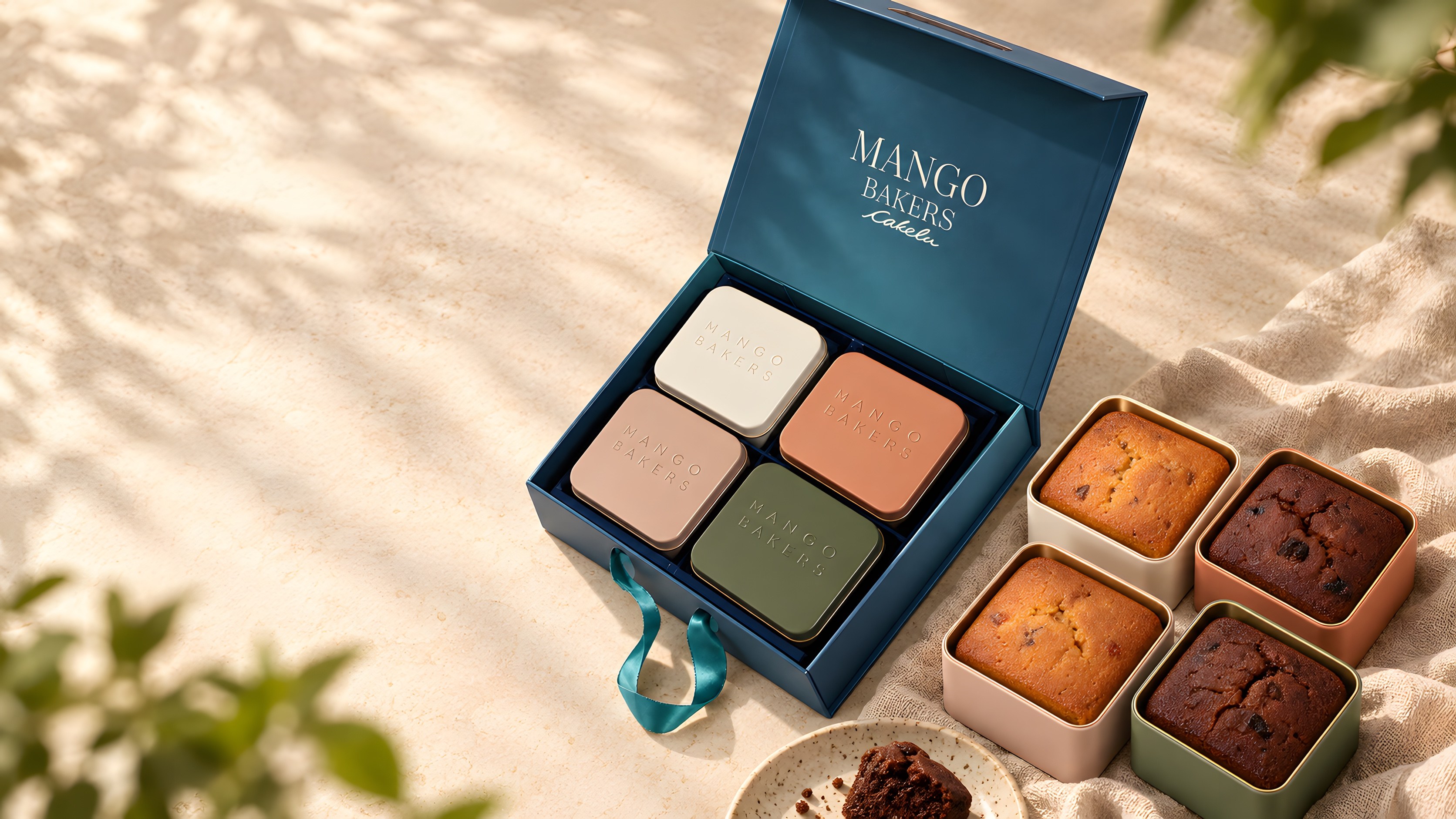 Open teal Cakelu gift box with four embossed tins, beside four open tins of golden and dark cakes on a linen cloth in warm sunlight