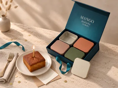 Cakelu gift box on a stone table with one tin opened and a golden cake with a single lit birthday candle