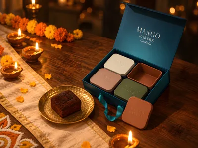 Cakelu gift box opened on a Diwali table with lit diyas and marigolds, one square cake served on a brass plate