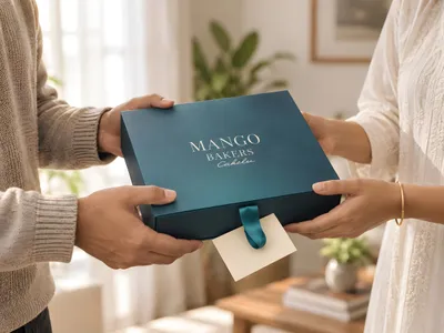 One person handing a teal Cakelu gift box with a blank note card to another