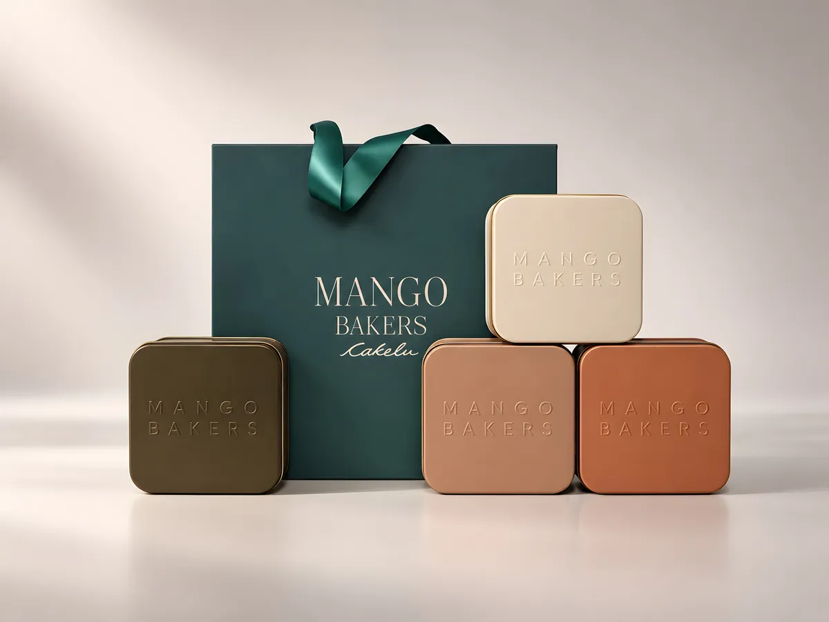 Cakelu gift box with satin ribbon handle surrounded by four embossed tins in olive, rose, ivory and terracotta